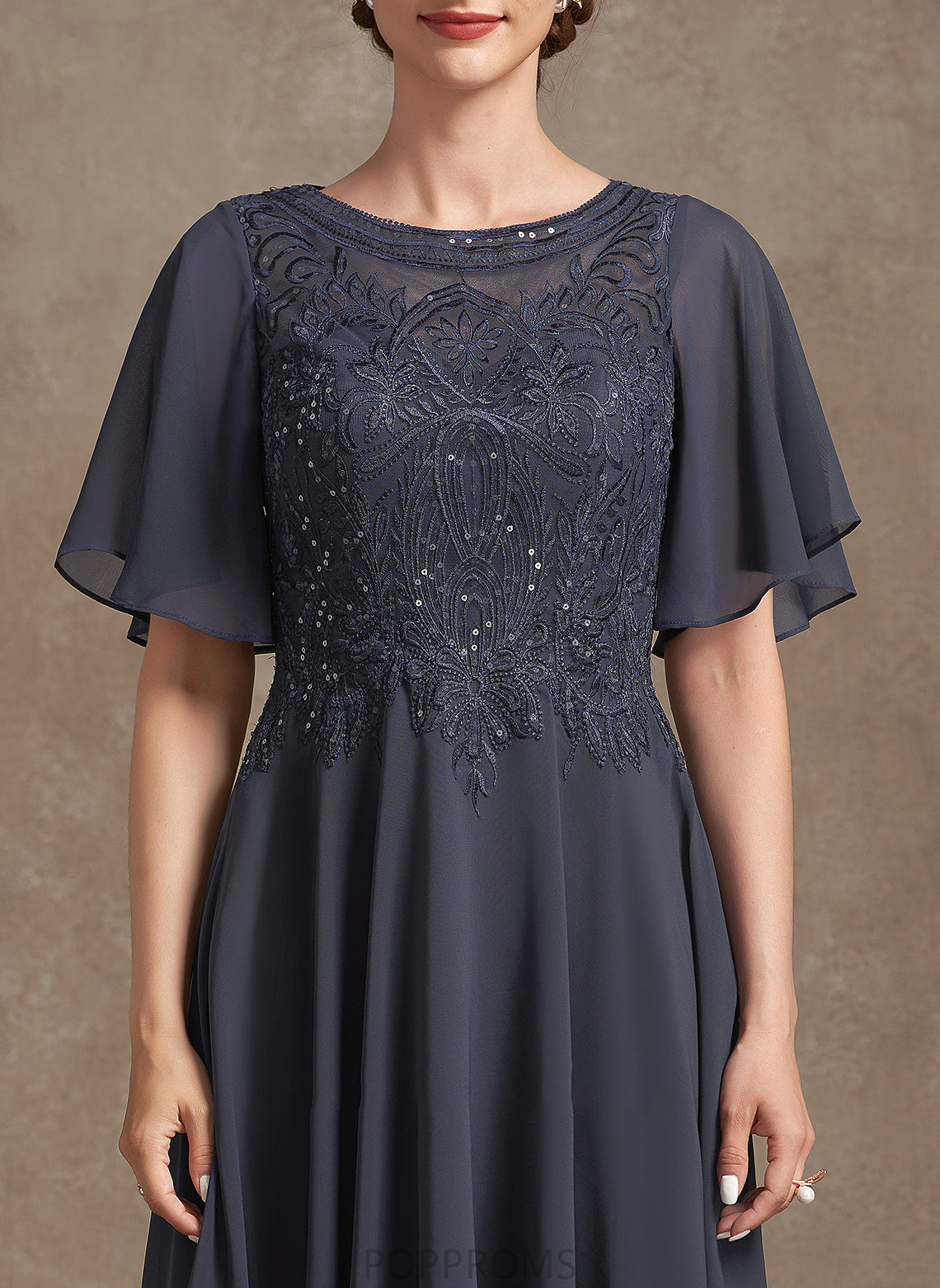 With the Mother Neck Lace Scoop Bride Hana Sequins Chiffon A-Line Dress Mother of the Bride Dresses of Tea-Length