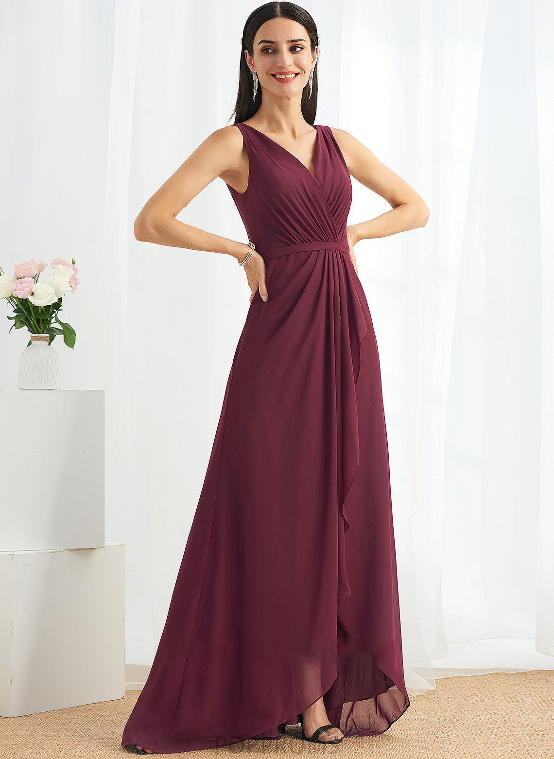 Length Fabric Silhouette Asymmetrical A-Line V-neck SplitFront Embellishment Neckline Jean V-Neck Floor Length Bridesmaid Dresses