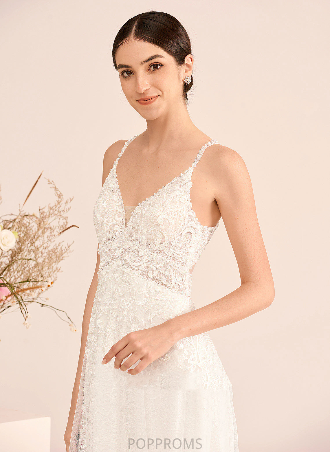 Paula Wedding Court Train Beading Lace A-Line Dress Tulle With V-neck Wedding Dresses