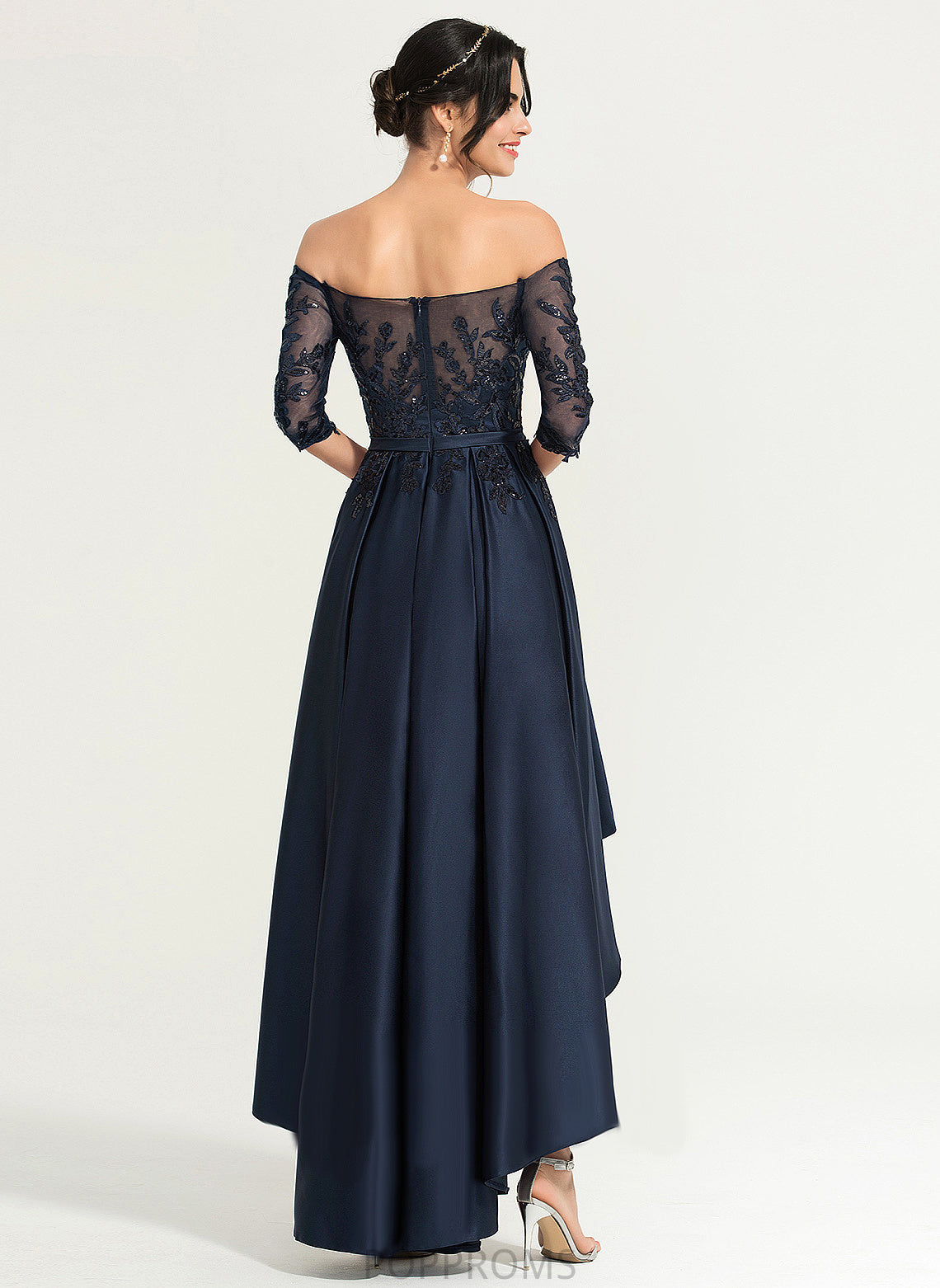 Asymmetrical Sequins Off-the-Shoulder Regina A-Line Lace With Satin Prom Dresses