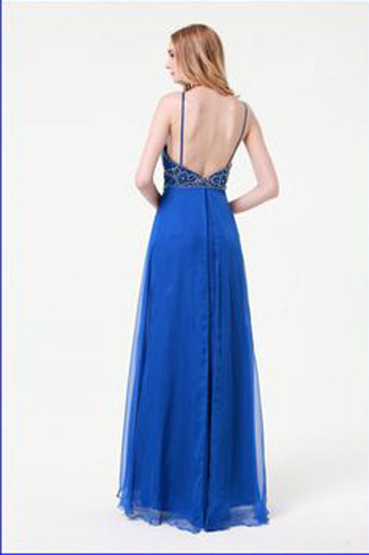 A Line Floor Length Spaghetti Strap Sleeveless Beading Backless Prom Dresses