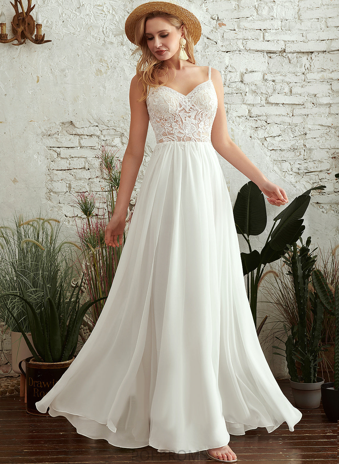 Dress V-neck With Beading Lace Chiffon Wedding A-Line Presley Floor-Length Wedding Dresses