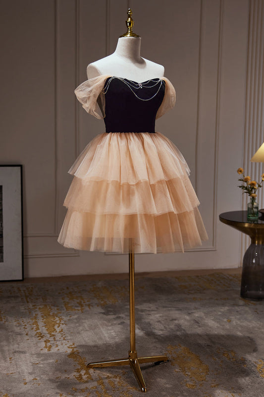 Chic Champagne Off The Shoulder Beading Tulle Short Homecoming Dresses