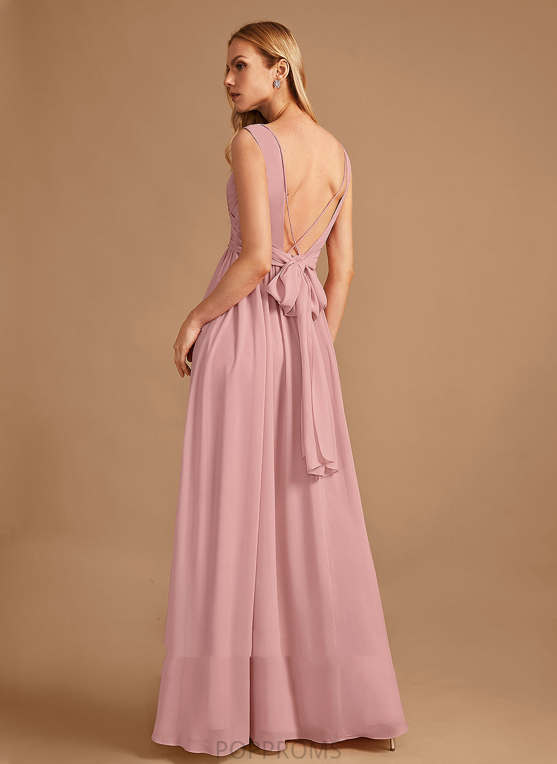 A-Line Length V-neck Silhouette Embellishment Fabric Neckline Ruffle Floor-Length Bow(s) Pat Sleeveless Bridesmaid Dresses