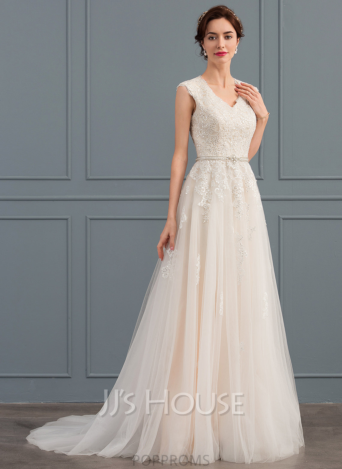 V-neck Sequins Beading Dress A-Line With Tulle Mabel Wedding Sweep Wedding Dresses Bow(s) Train