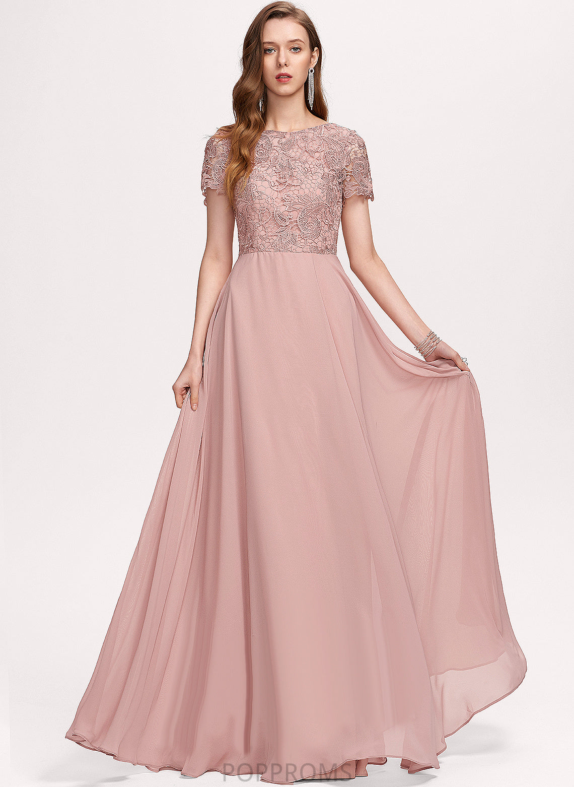 Lace A-Line Scoop Ginny Chiffon Floor-Length Prom Dresses With Sequins