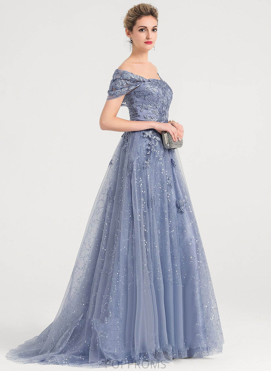 Sweep Sequins Train Adalyn Tulle Prom Dresses Off-the-Shoulder With Lace Ball-Gown/Princess