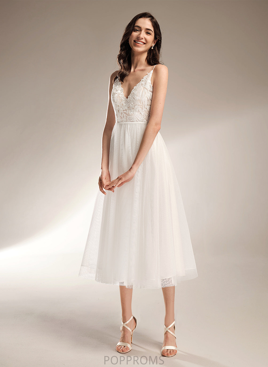 Tea-Length Dress V-neck Emerson Wedding A-Line Lace Wedding Dresses Tulle