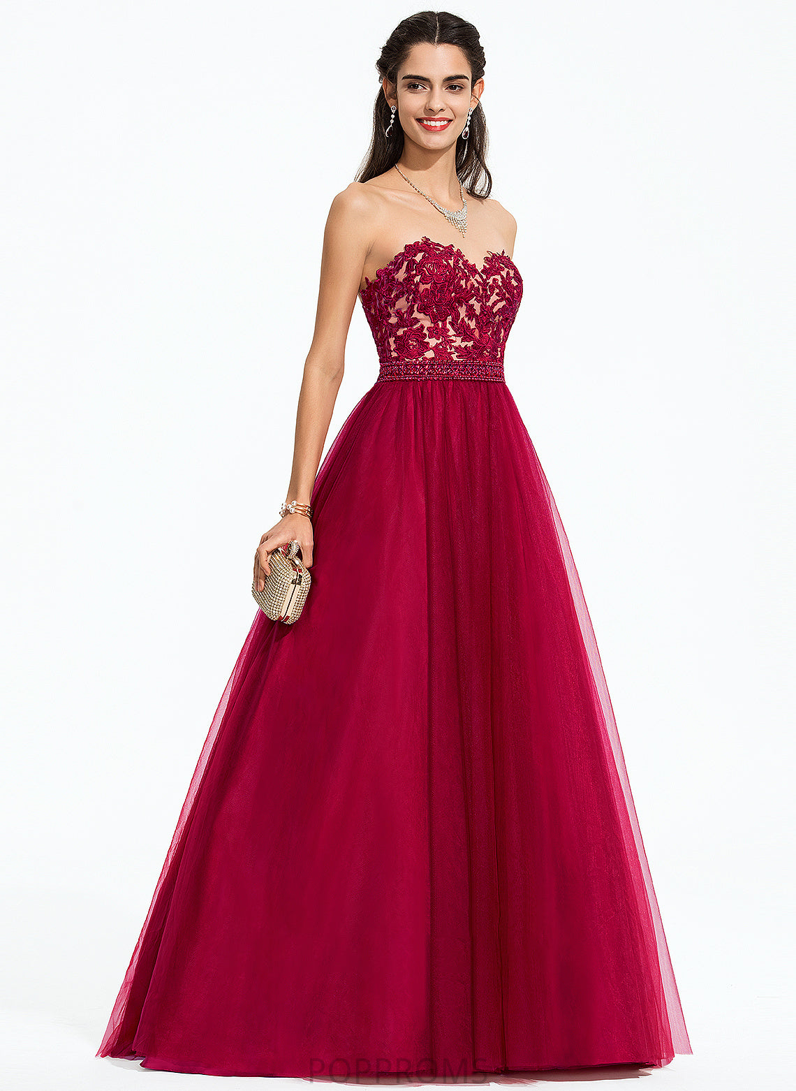 With Sequins Train Sweep Beading Hayden Sweetheart Prom Dresses Tulle Ball-Gown/Princess