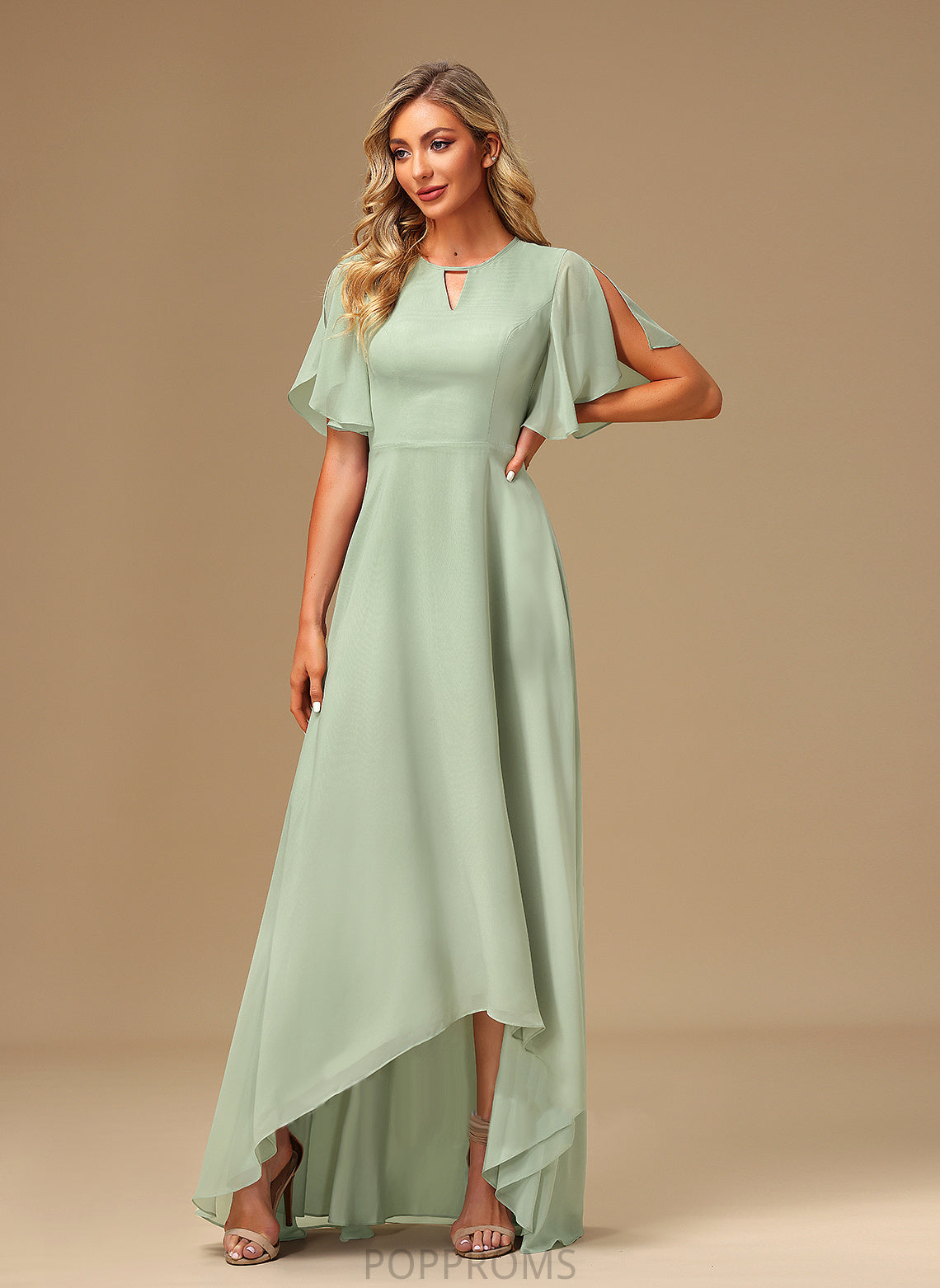 Ruffle Silhouette Embellishment A-Line Asymmetrical Length Fabric Straps Azul V-Neck Natural Waist Sleeveless Bridesmaid Dresses