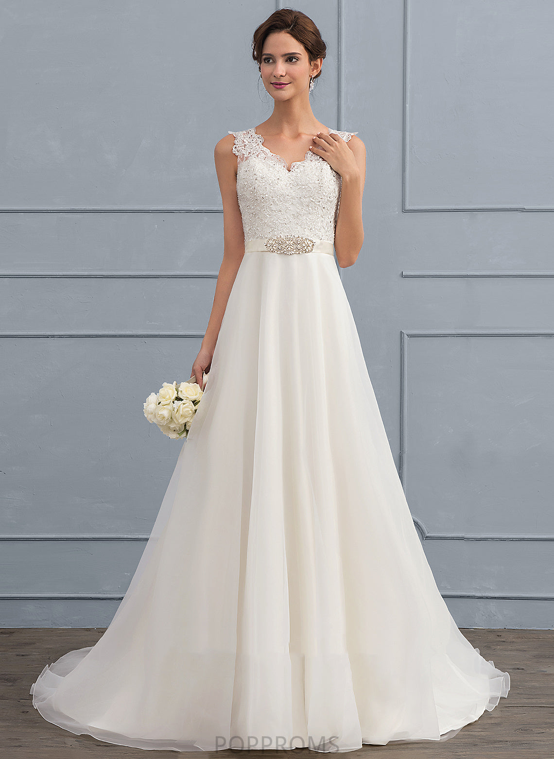 Aliza Sweep Lace With A-Line Beading Organza Bow(s) Wedding Dresses Dress V-neck Wedding Train