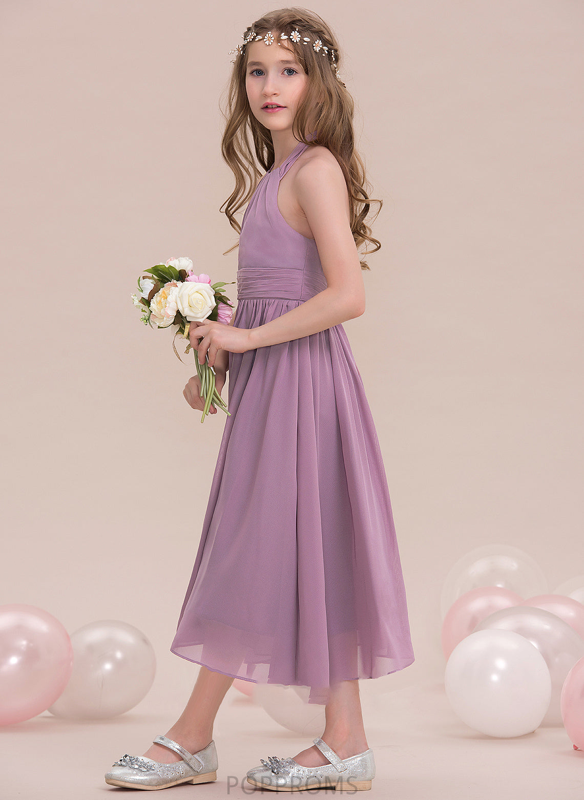 With Tea-Length Clare Ruffle Halter Junior Bridesmaid Dresses Chiffon A-Line