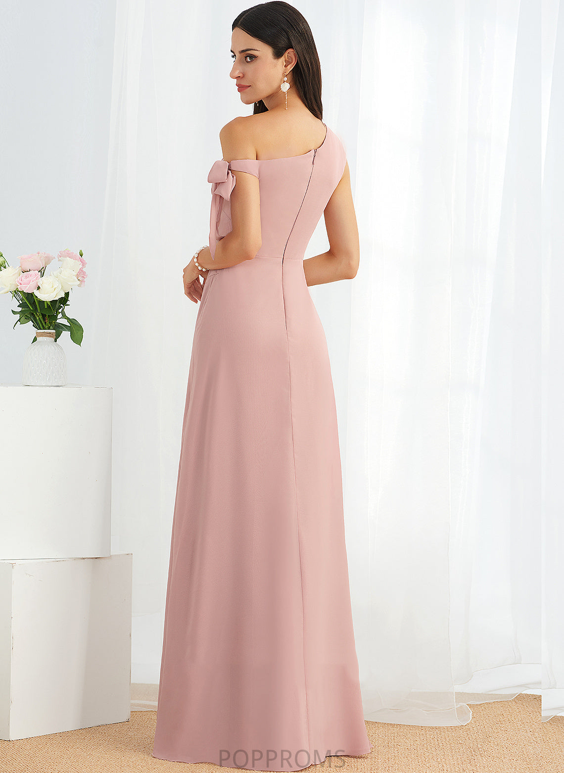 A-Line Length Fabric Embellishment Neckline One-Shoulder Silhouette Bow(s) Floor-Length Alisson Natural Waist V-Neck Bridesmaid Dresses