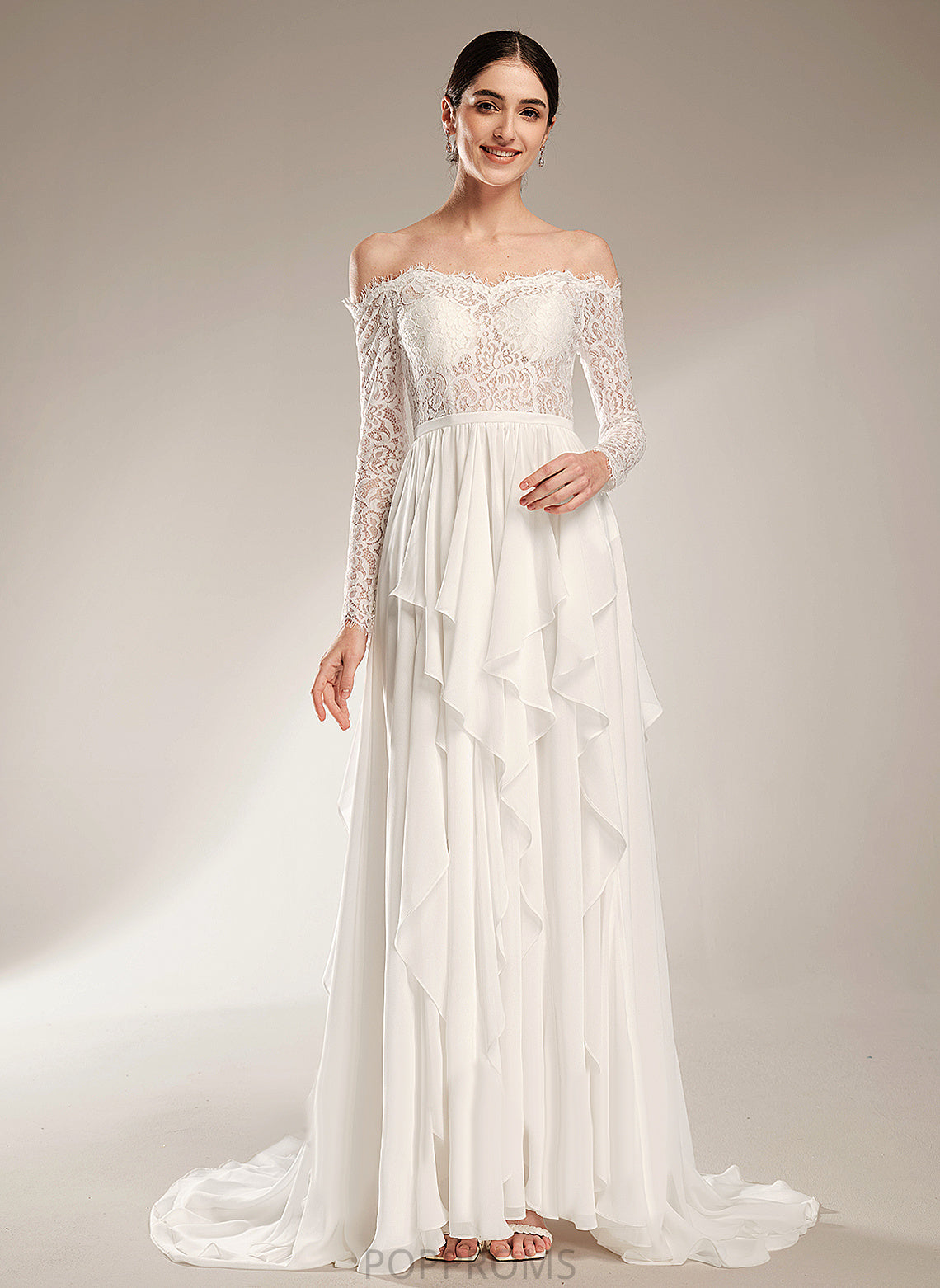 Yazmin Off-the-Shoulder Dress Lace A-Line With Wedding Ruffle Wedding Dresses Train Chiffon Court