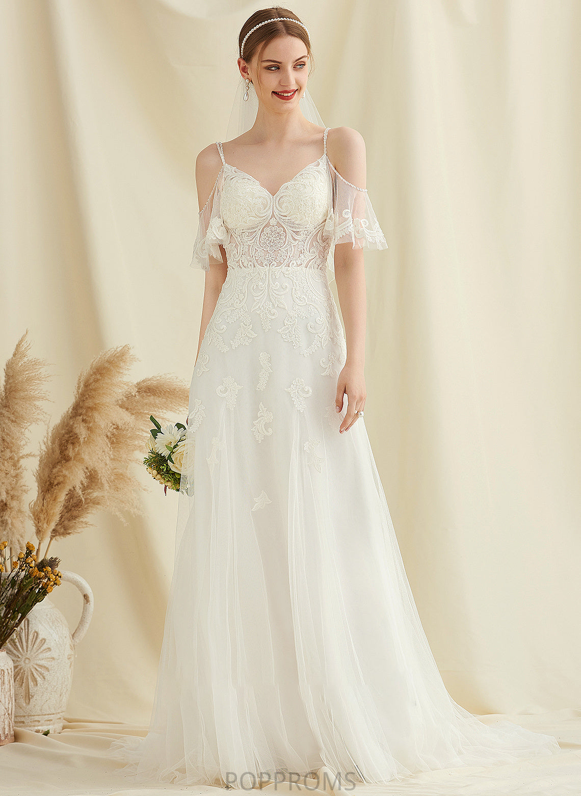 Wedding Dresses Isla Lace Beading Tulle Dress Sweep With Train Wedding A-Line