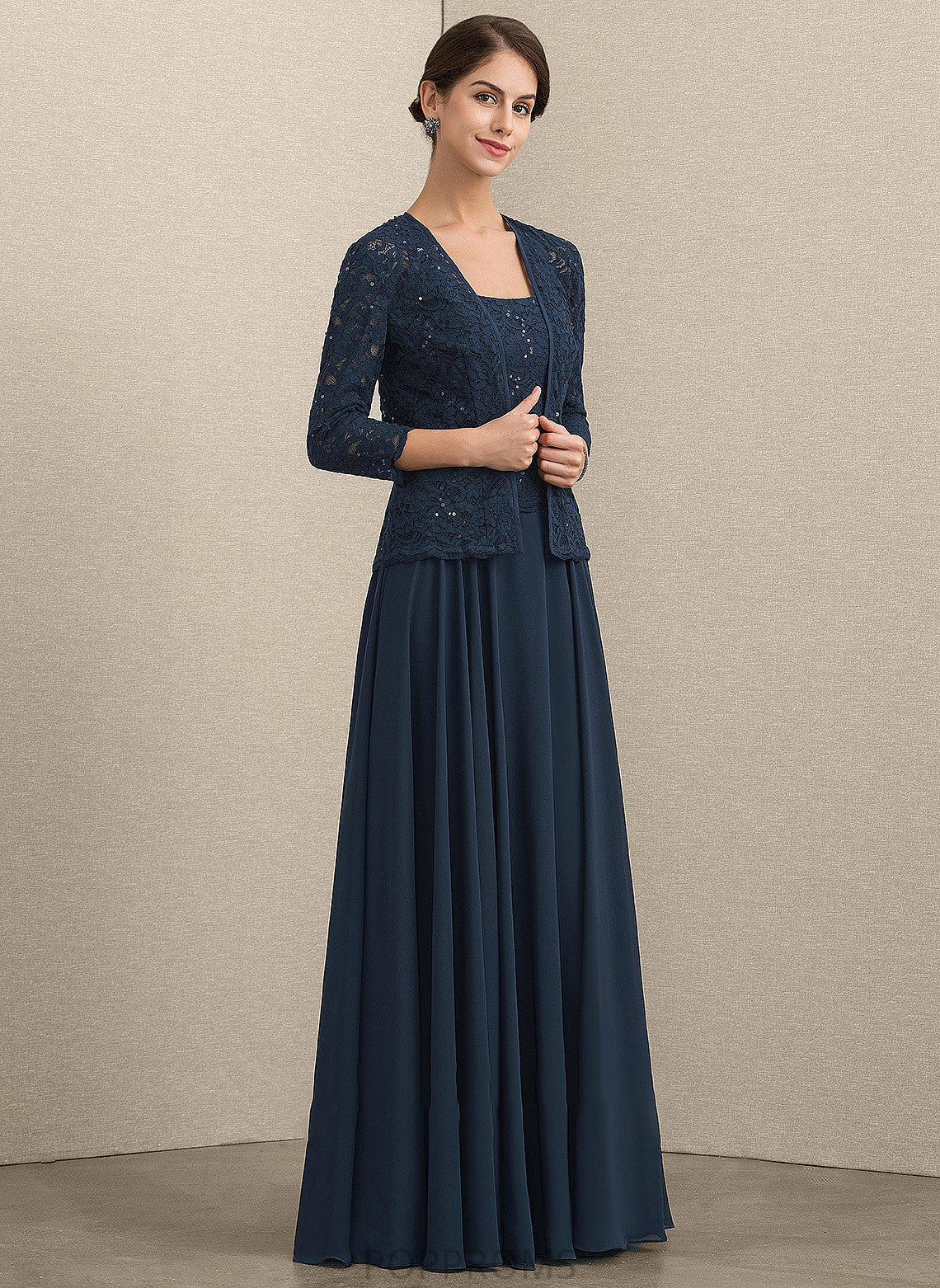 of Mother of the Bride Dresses Mother Square A-Line Dress Bride Sequins the Floor-Length Chiffon Ansley Neckline With Lace