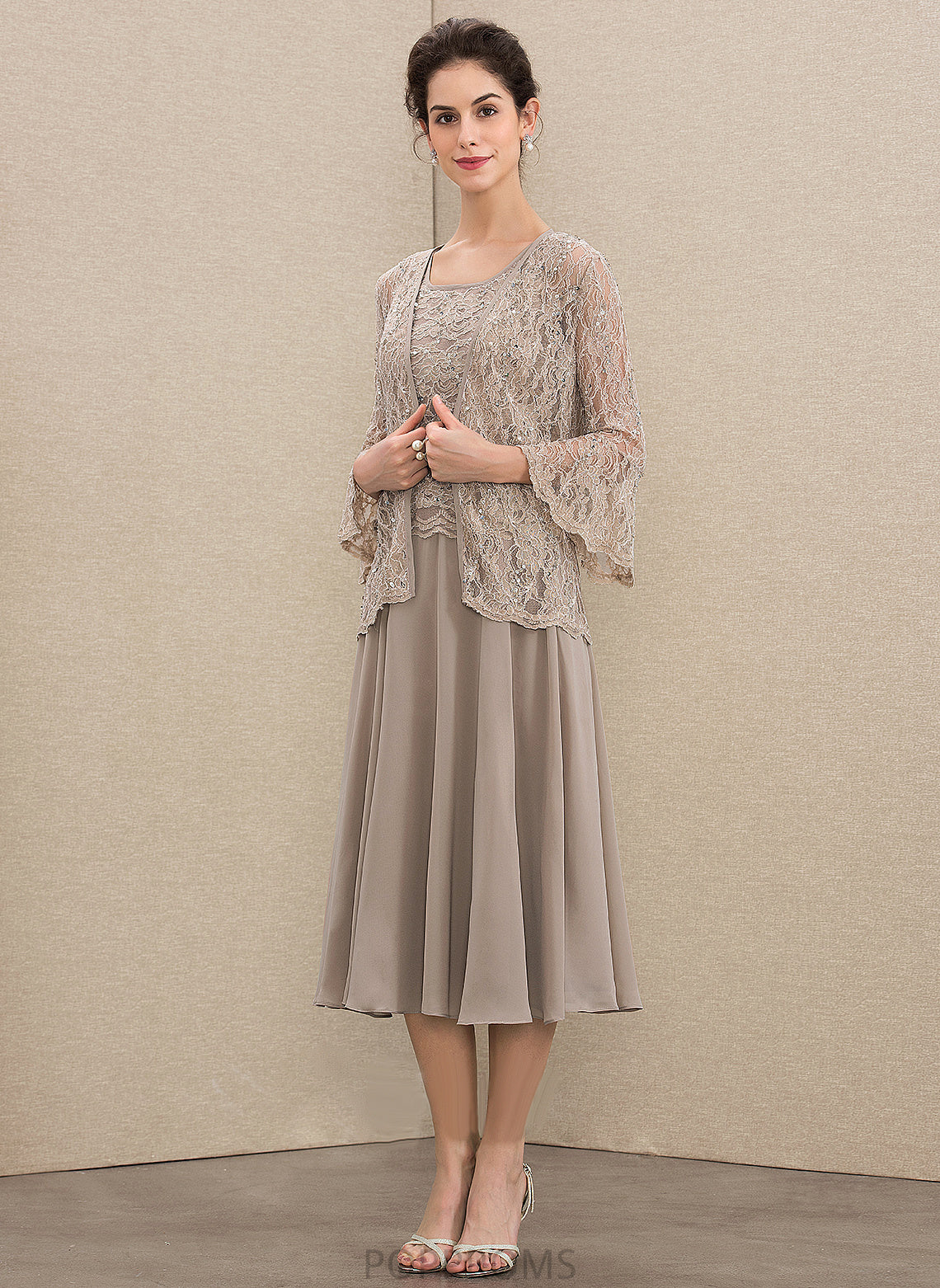 Dress the With of Neck Tea-Length A-Line Scoop Chiffon Sequins Mother Adrienne Mother of the Bride Dresses Bride Lace