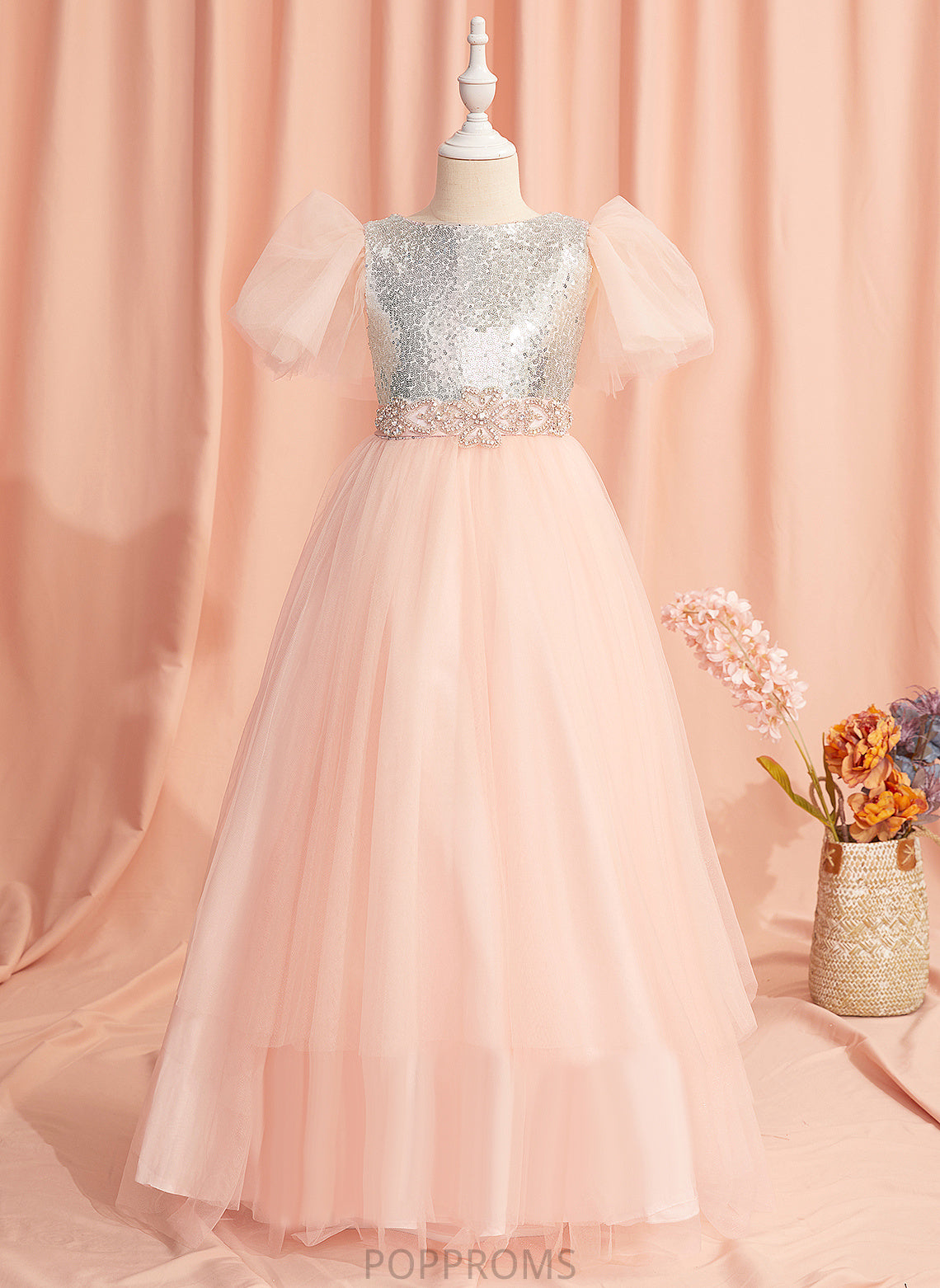 Ball-Gown/Princess With Tulle/Sequined Scoop Flower Sleeves Floor-length Neck Dress - Girl Beading/Sequins/Bow(s) Flower Girl Dresses Short Harmony