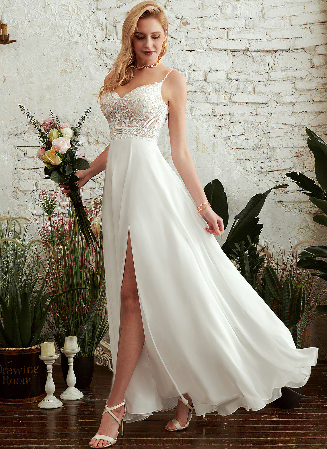 Chiffon Lace Dress Wedding Dresses Aryana With Floor-Length A-Line Split Front Wedding V-neck