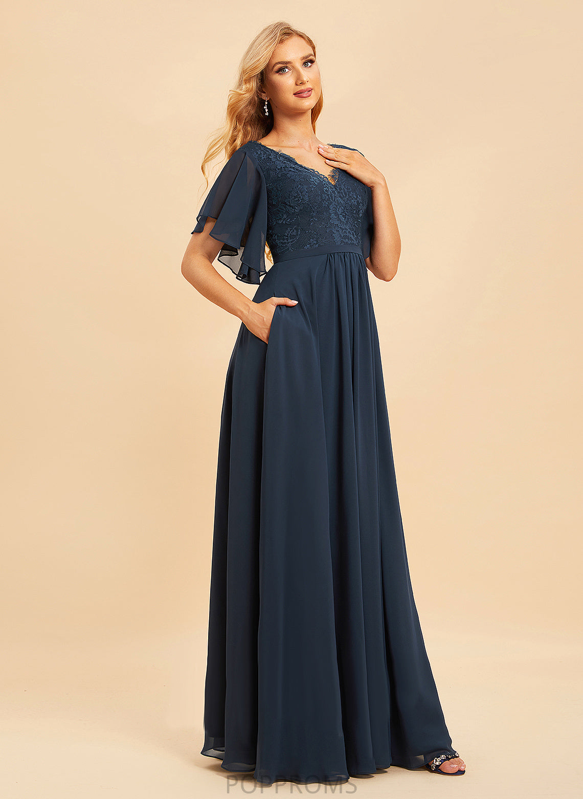 Fabric Embellishment Lace Floor-Length Silhouette Neckline SplitFront Length V-neck A-Line Carolina Floor Length Bridesmaid Dresses