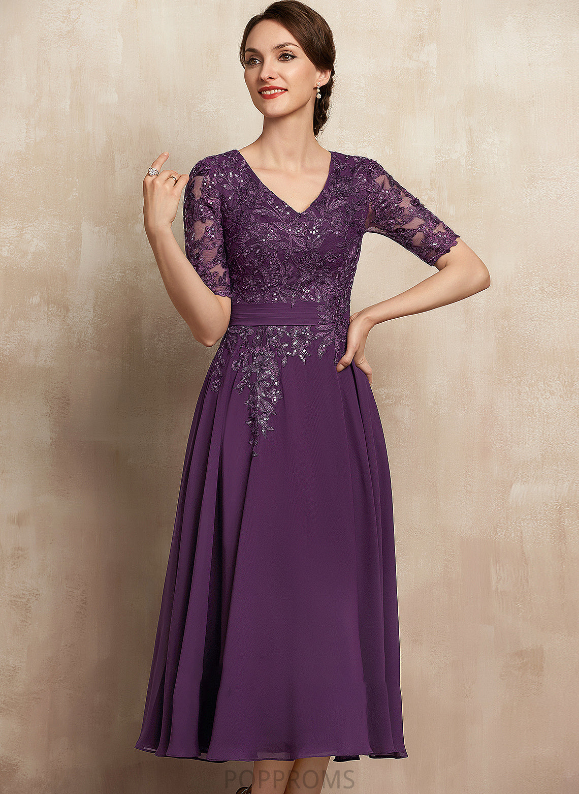 Tea-Length With Bride Mother of the Bride Dresses Chiffon Sequins of Mother A-Line V-neck Lace the Mallory Dress