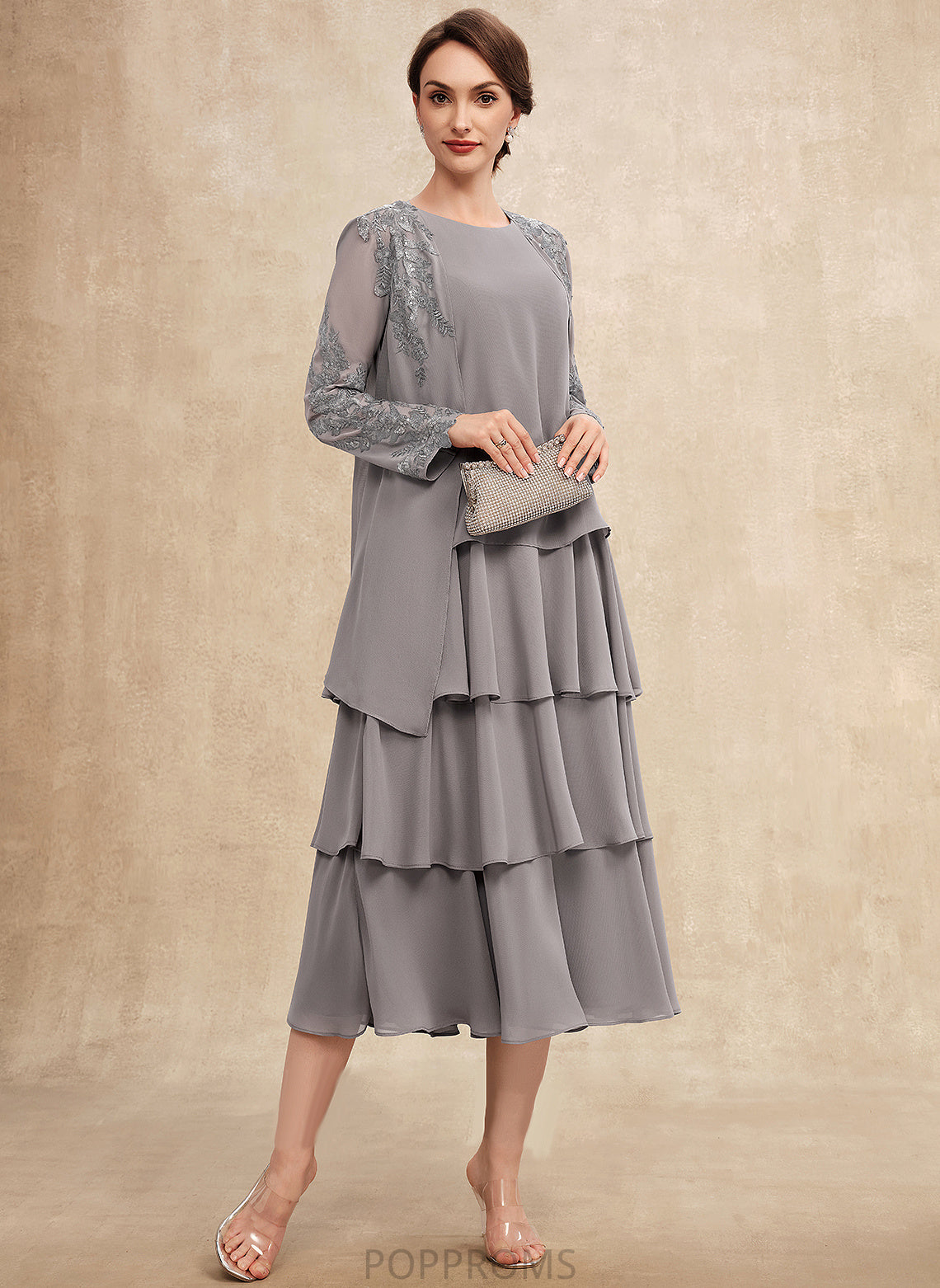 Cascading A-Line Mother With the Tea-Length of Payton Neck Mother of the Bride Dresses Chiffon Ruffles Bride Scoop Dress