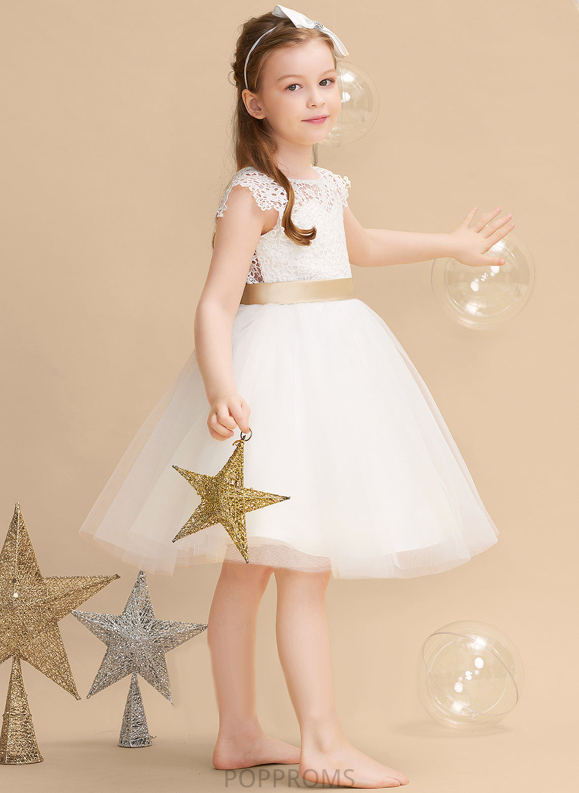 Tulle/Lace Sleeves (Undetachable Neck Dress Knee-length Flower Short Girl Scoop Elsa sash) - A-Line With Sash/Bow(s) Flower Girl Dresses