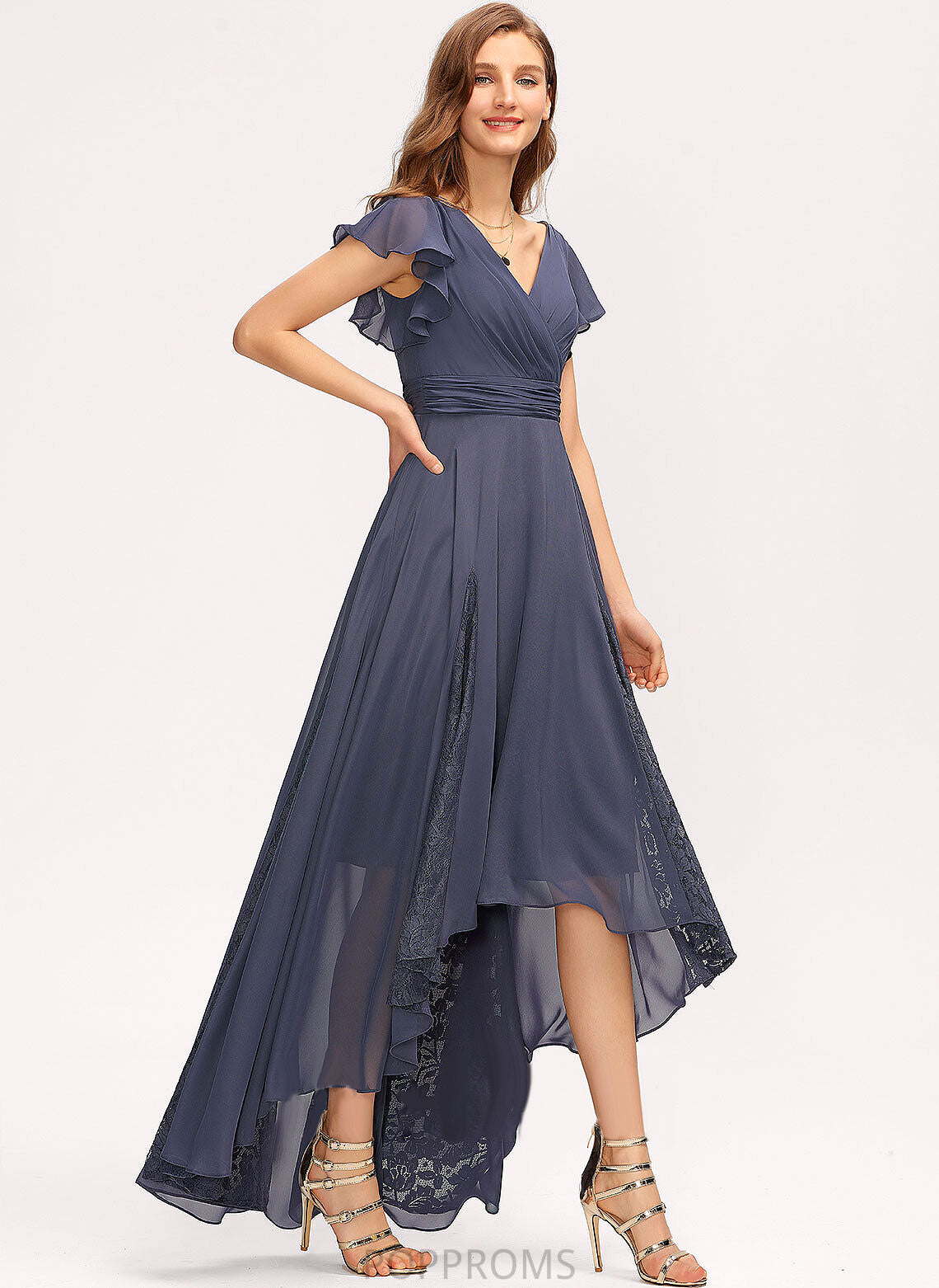 Asymmetrical Ruffle With Lace Cocktail Dresses A-Line Cocktail Ingrid V-neck Chiffon Dress