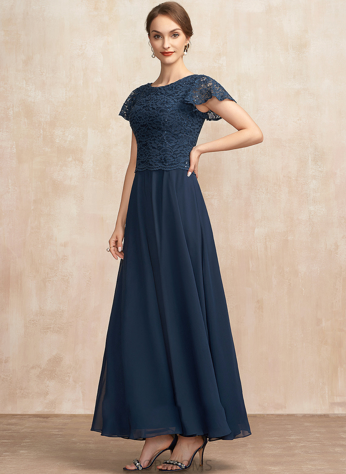 Neck Dress A-Line Mother Lace the Mother of the Bride Dresses of Bride With Sequins Ankle-Length Chiffon Maddison Scoop