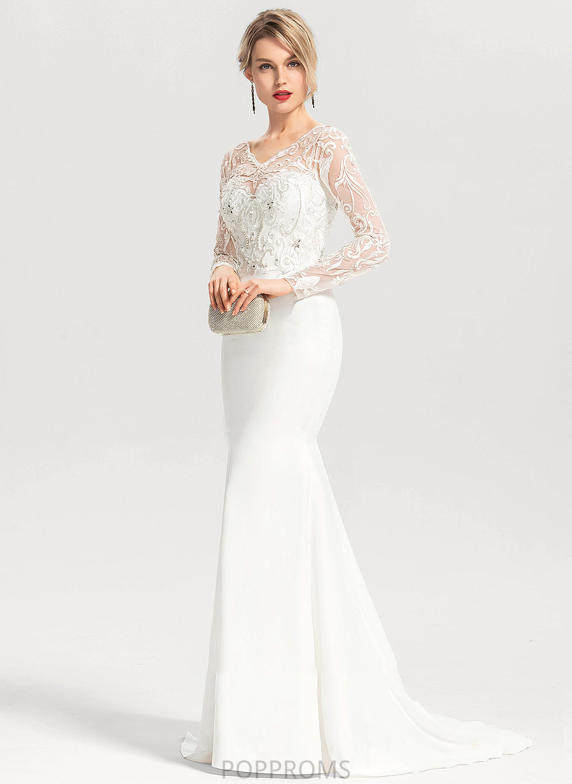 Beading Stretch V-neck Sweep Crepe Train Trumpet/Mermaid Wedding Dresses Sequins With Tessa Wedding Dress