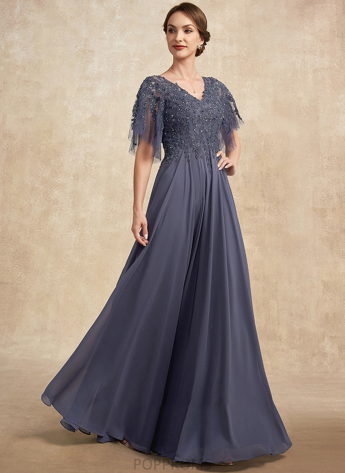 April Mother of the Bride Dresses With Mother Sequins A-Line the of Chiffon V-neck Floor-Length Beading Bride Lace Dress