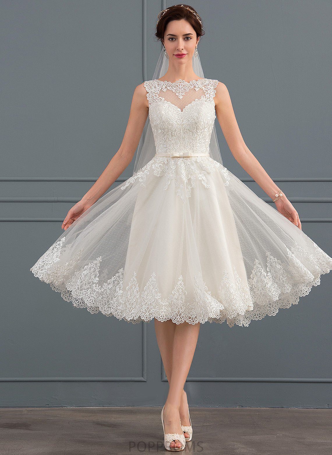 Lace Dress Wedding Bow(s) With Wedding Dresses Satin Tulle A-Line Emely Illusion Knee-Length