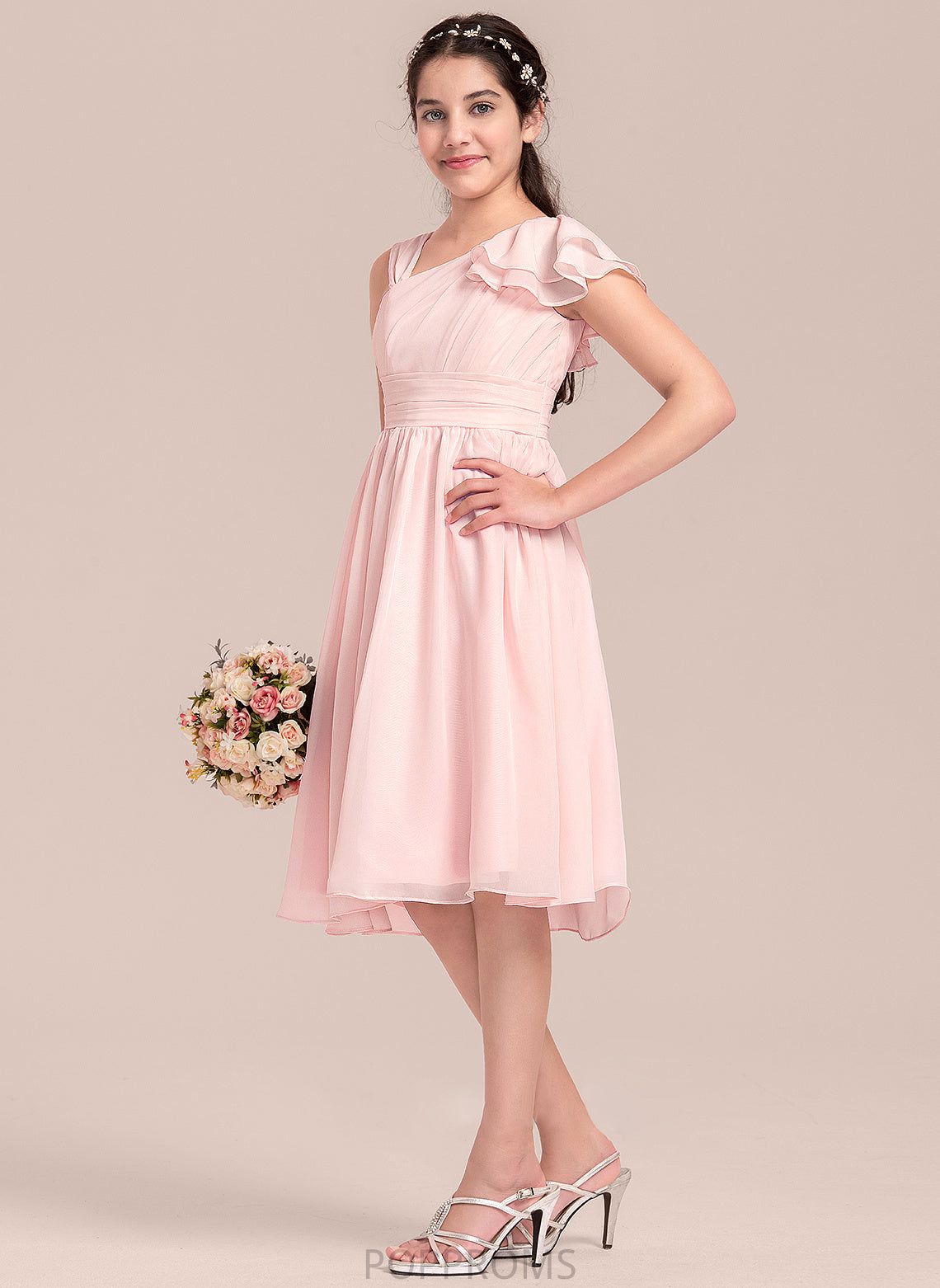 With A-Line V-neck Chiffon Ruffles Junior Bridesmaid Dresses Knee-Length Cascading Gina