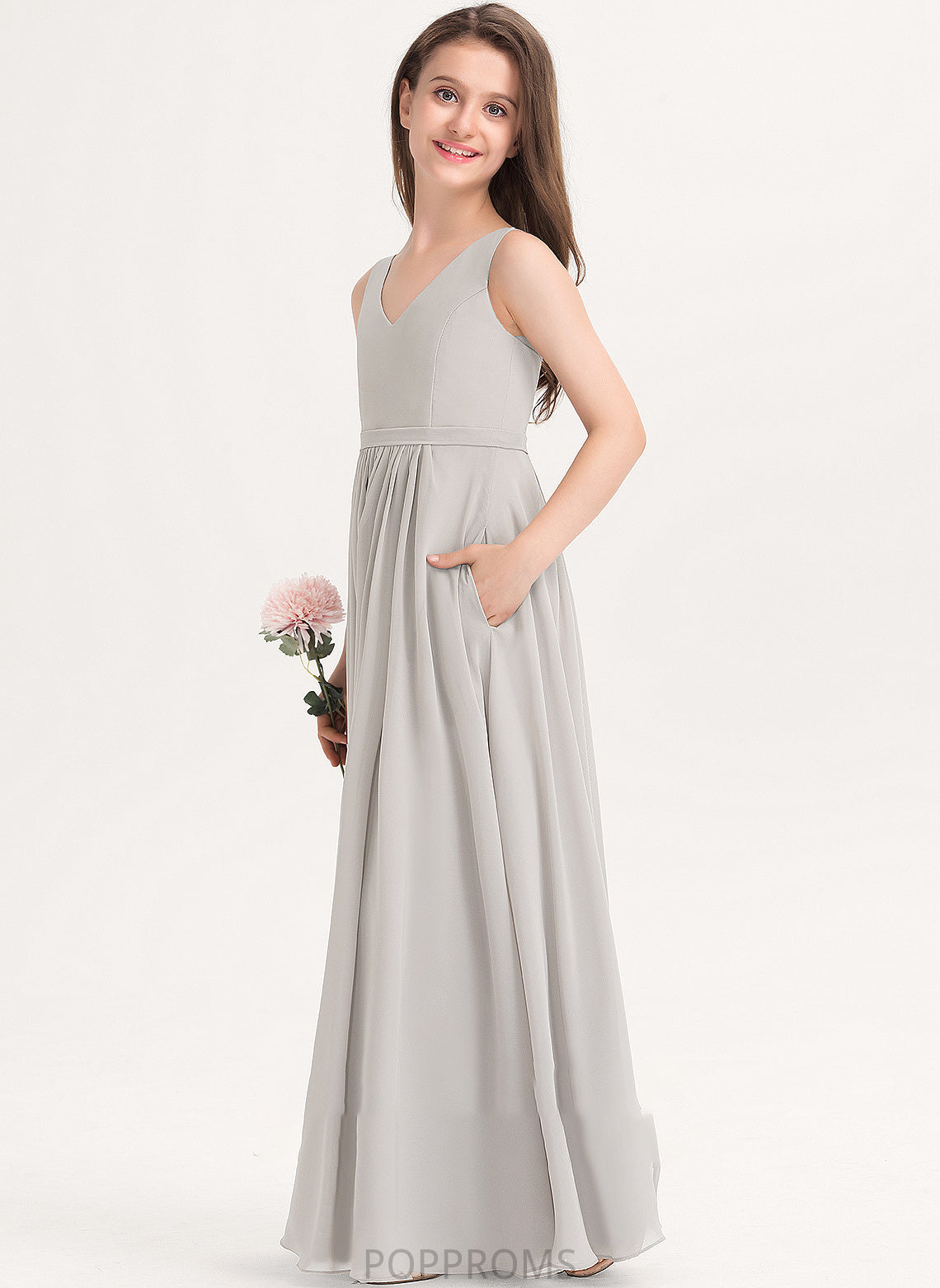 With V-neck Chiffon Lilith A-Line Floor-Length Pockets Junior Bridesmaid Dresses