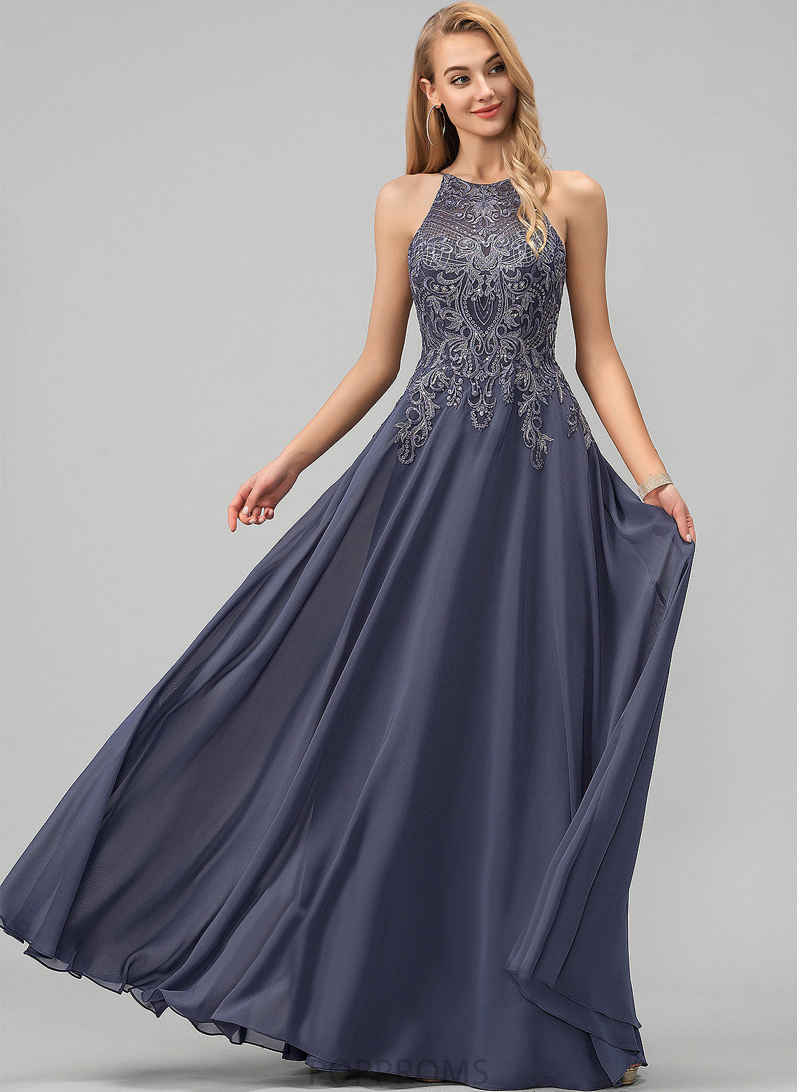 Prom Dresses A-Line With Sequins Chiffon Laney Scoop Lace Floor-Length