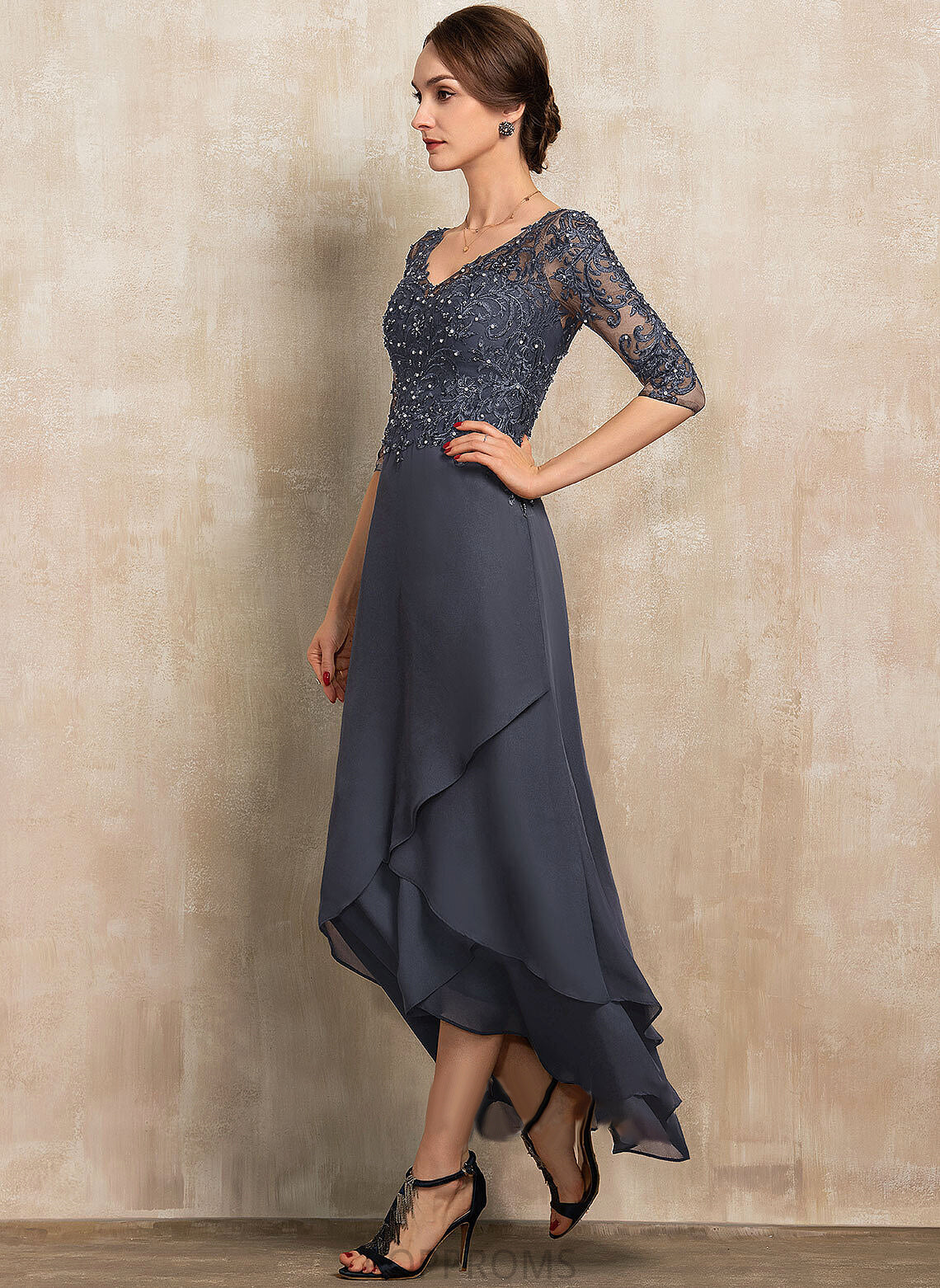 of A-Line Beading Bride Asymmetrical Dress the Lace Mother With V-neck Sequins Chiffon Mother of the Bride Dresses Callie