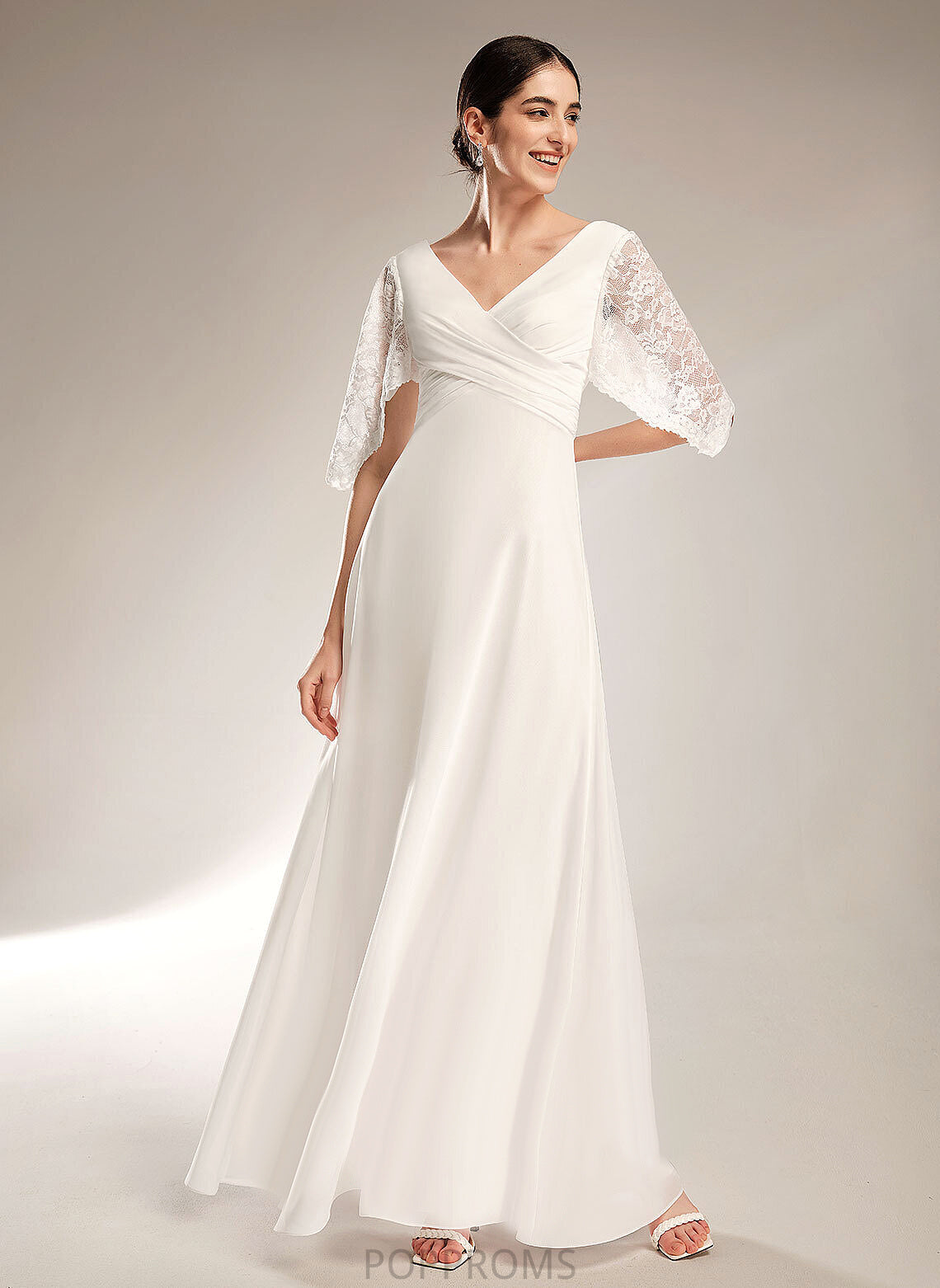 Sheath/Column Chiffon V-neck Floor-Length Akira Lace Wedding Dress Wedding Dresses