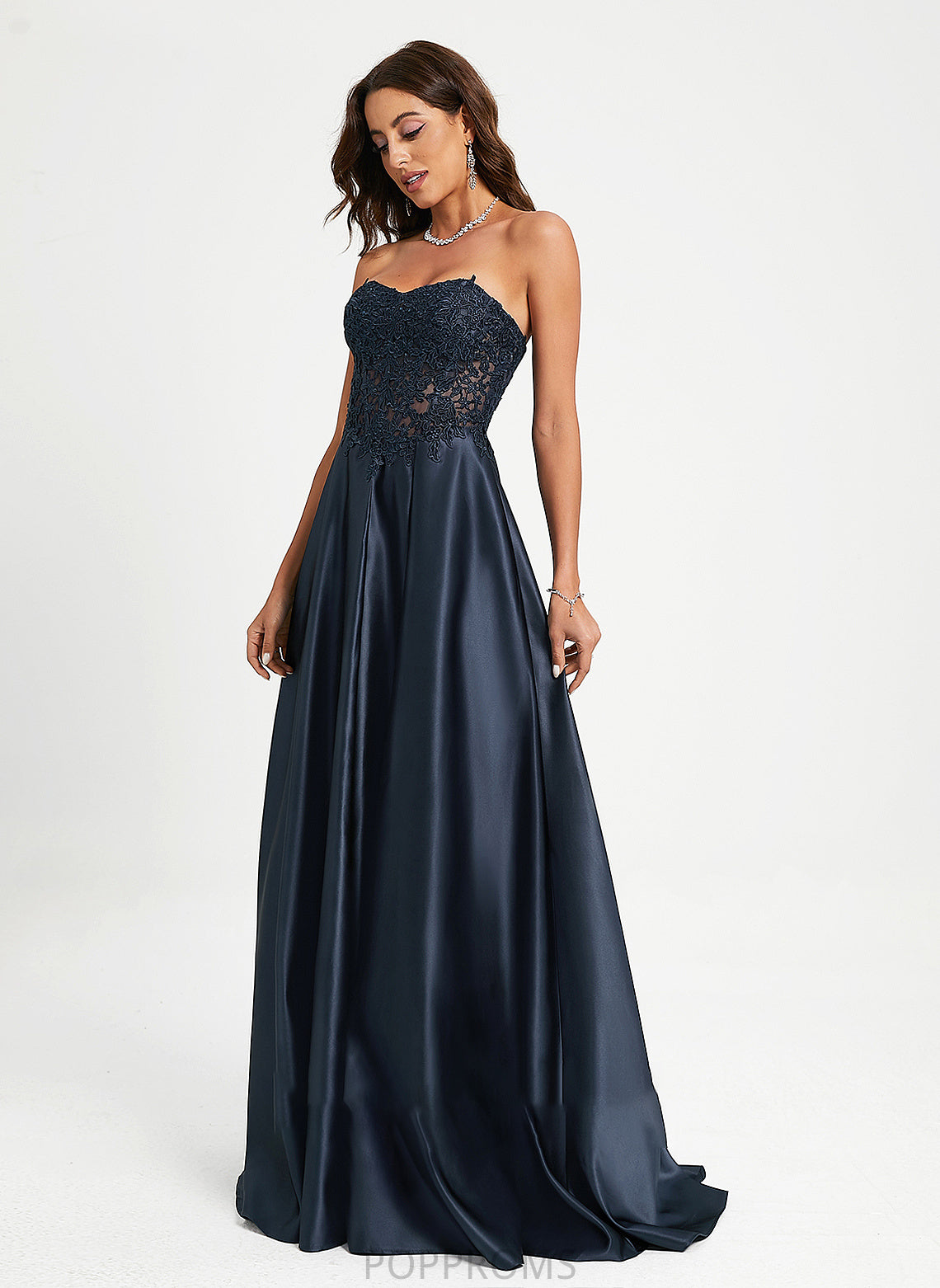 Sweep Train Nylah With A-Line Lace Satin Prom Dresses Sweetheart