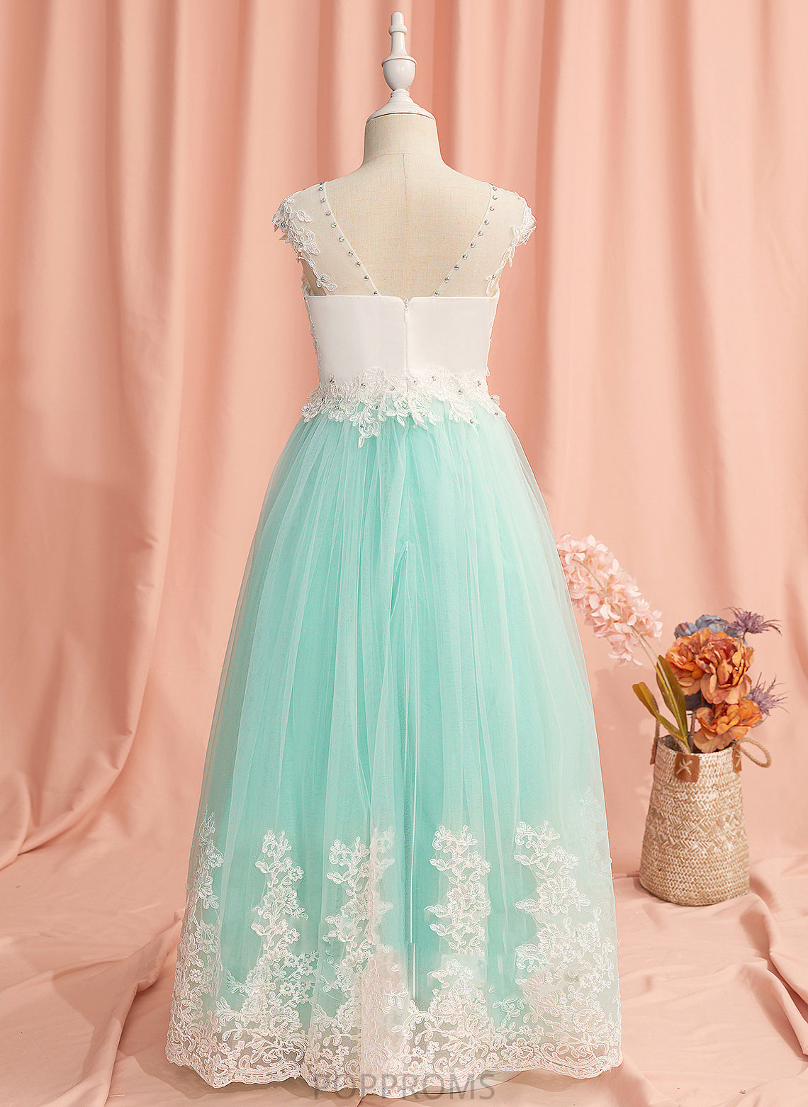 Flower Girl Dresses Flower Tulle Dress Scoop Lace/Beading/Bow(s)/V Back Haylee - Floor-length Ball-Gown/Princess Neck Sleeveless Girl With