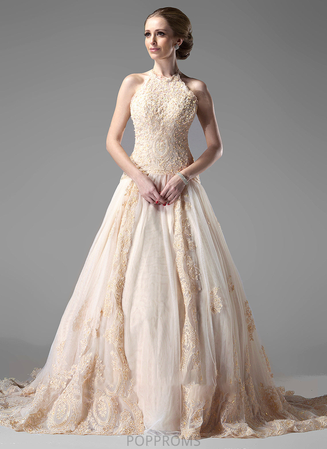 Wedding Ball-Gown/Princess Evelin Tulle Beading With Wedding Dresses Chapel Halter Train Dress Lace