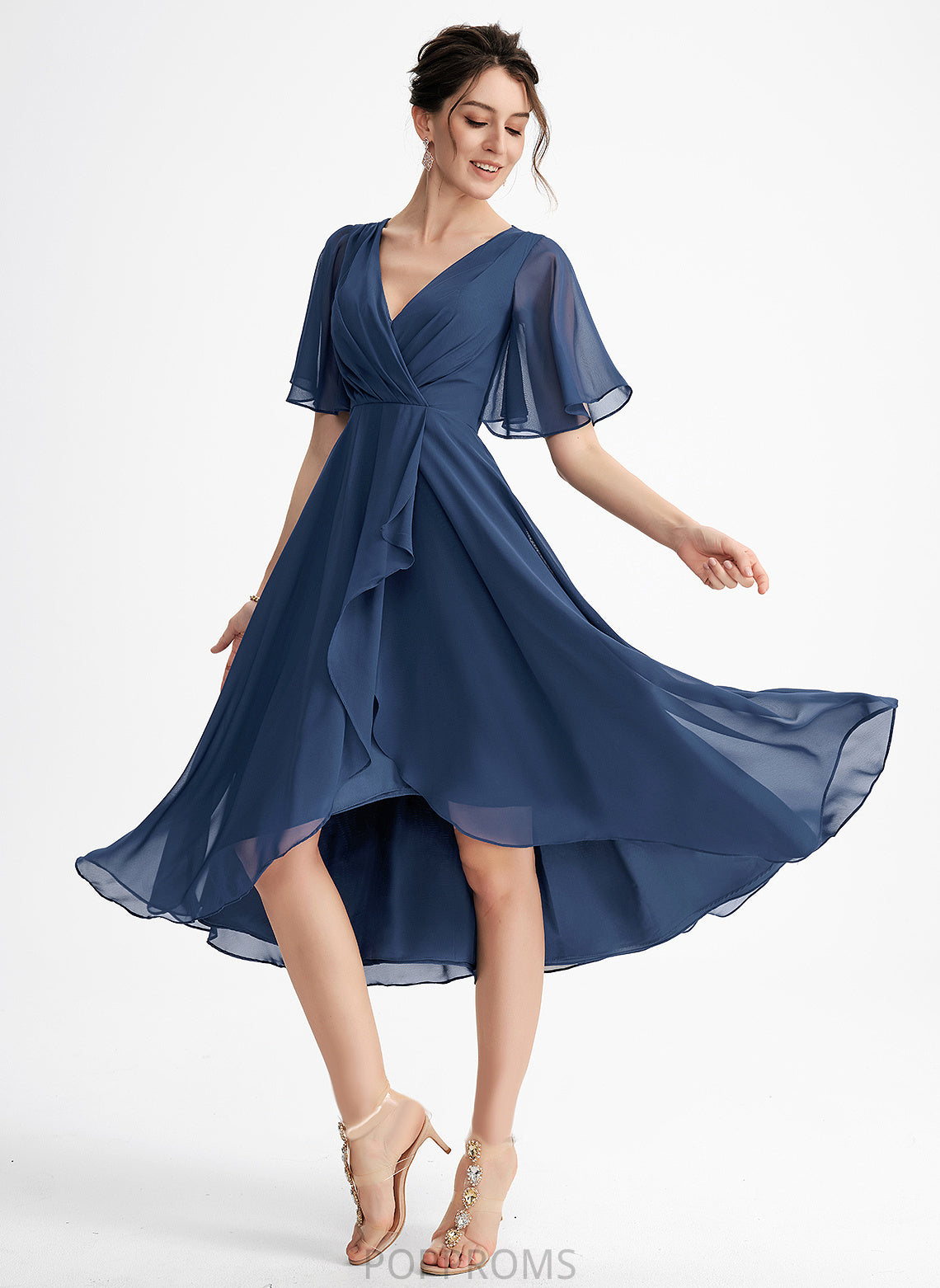 Kamora Chiffon V-neck Cocktail Dresses A-Line With Ruffle Dress Cocktail Asymmetrical