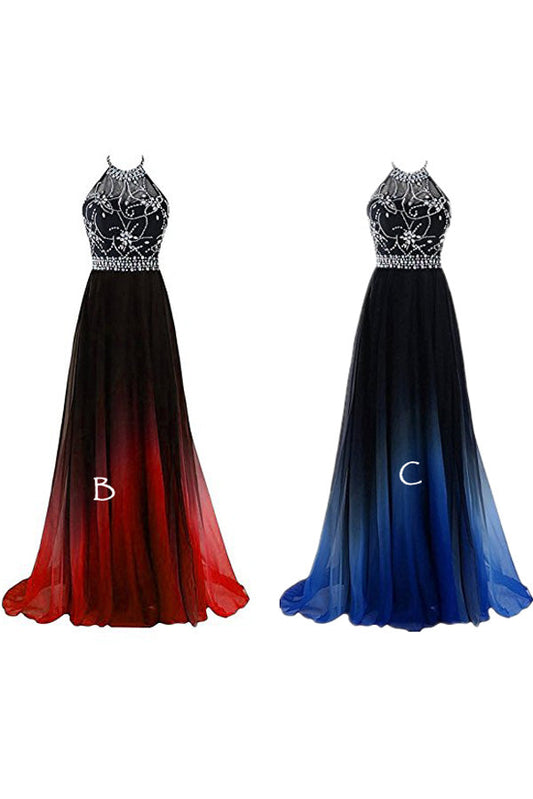 Elegant Black And White Ombre Chiffon A Line Backless Halter Beading Lace Up Long Prom Dresses