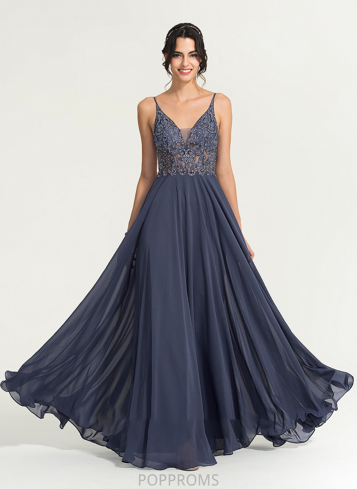 Chiffon With Prom Dresses A-Line V-neck Beading Sequins Floor-Length Athena