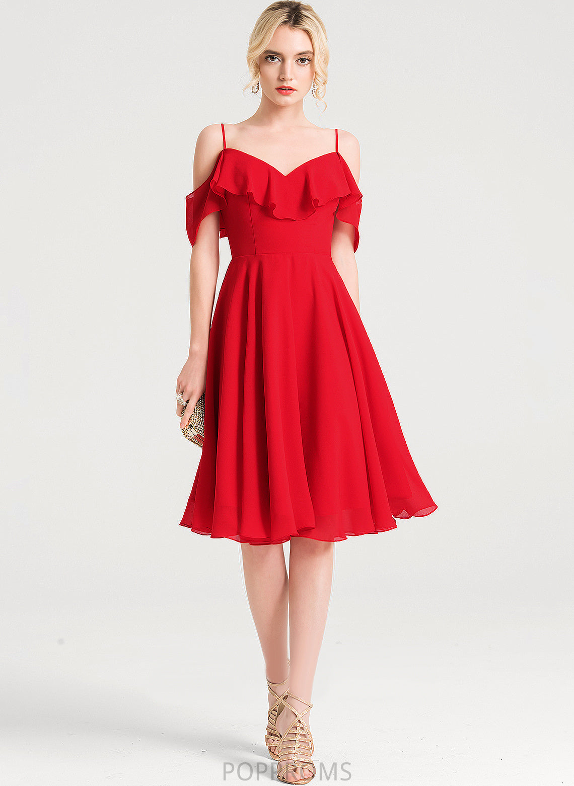 Ruffles Chiffon Cascading Dress Knee-Length Cocktail A-Line Cocktail Dresses V-neck Thalia With