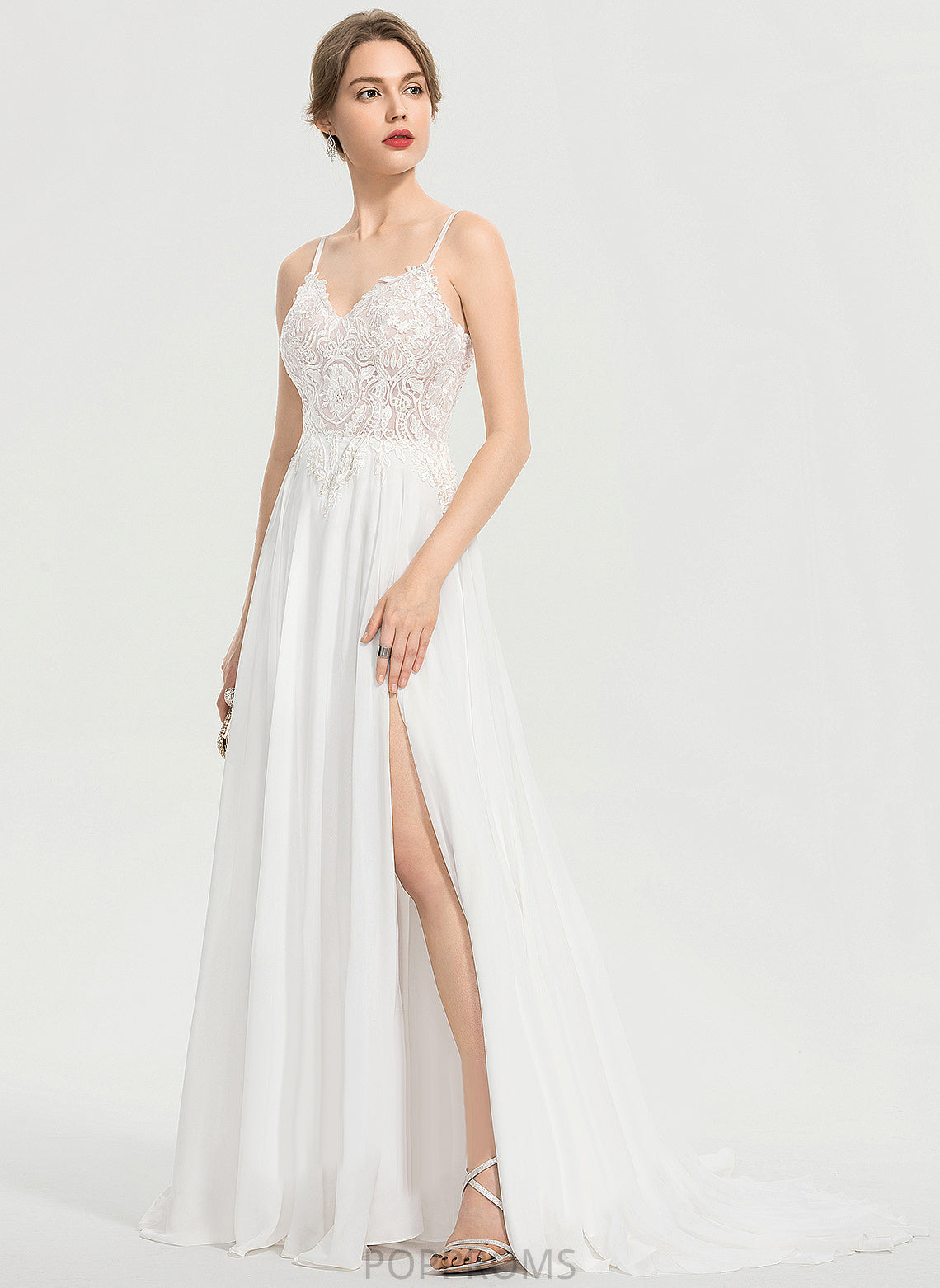 Sweep A-Line Train Lace V-neck Chiffon Dress Katelyn Wedding Dresses Front Split Wedding With