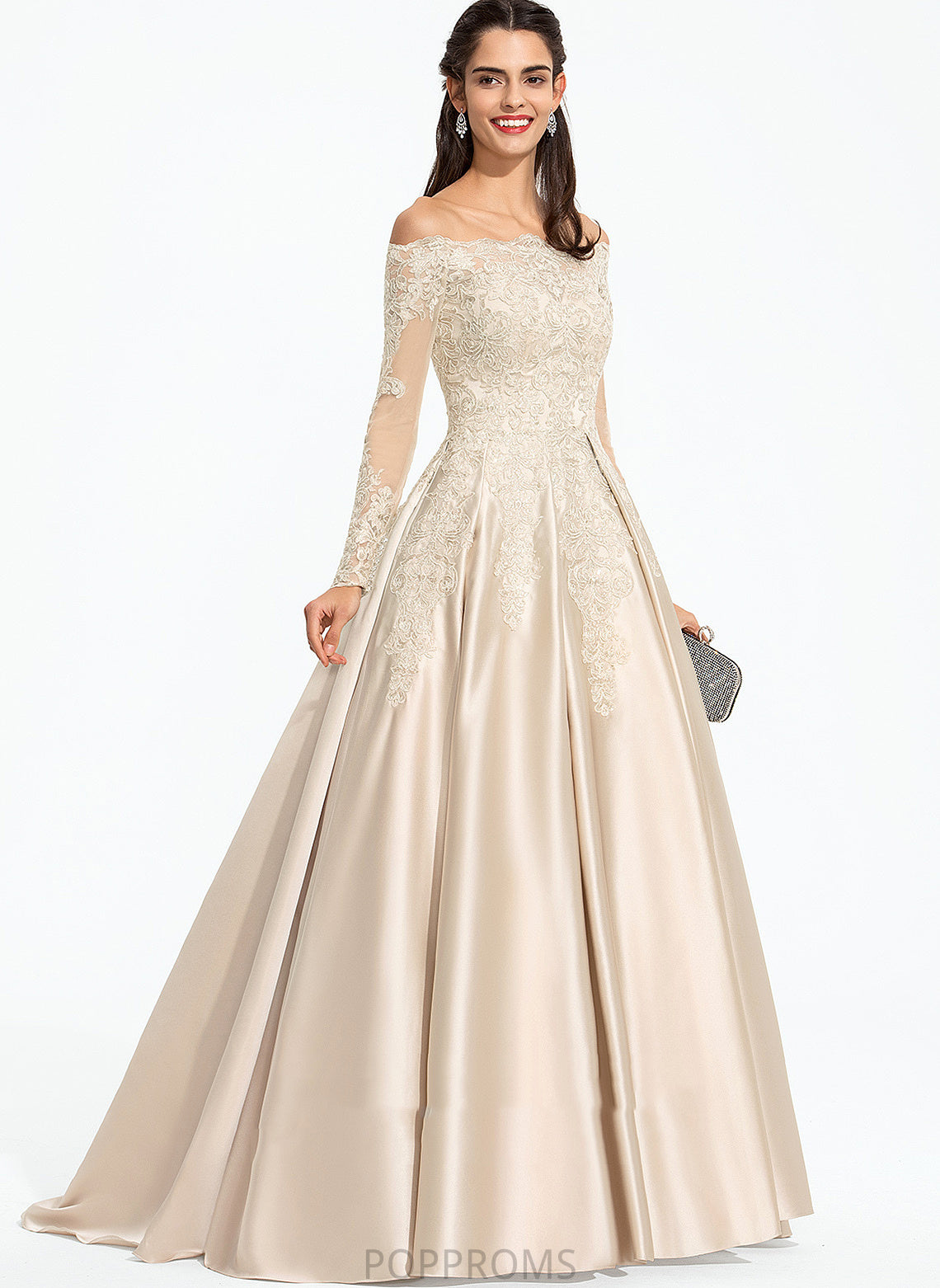 Ball-Gown/Princess Off-the-Shoulder Sweep Prom Dresses Sequins Kiera Lace With Train Satin