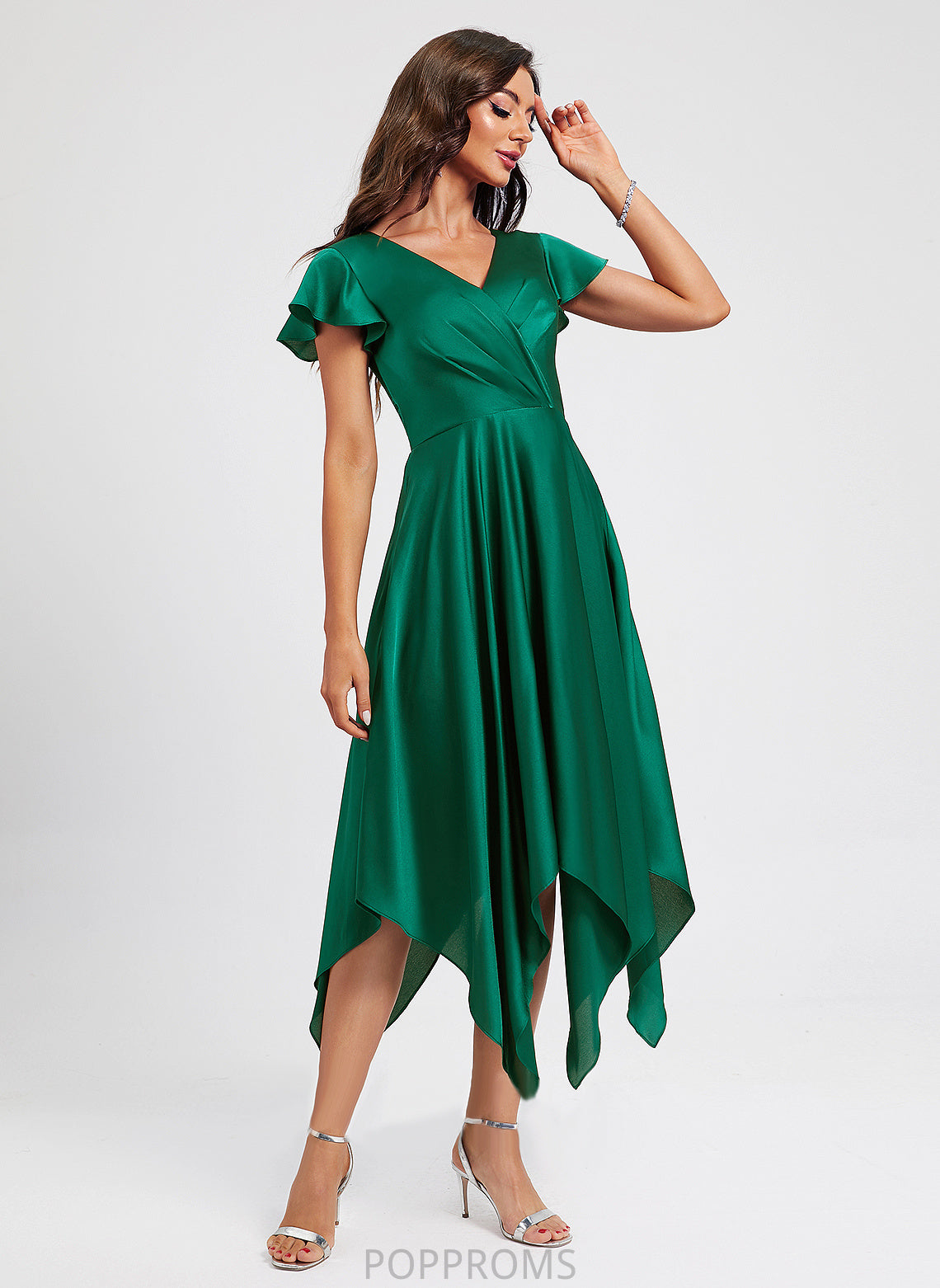 Dress Polyester Cocktail Dresses With Asymmetrical V-neck Piper Pleated Cocktail A-Line