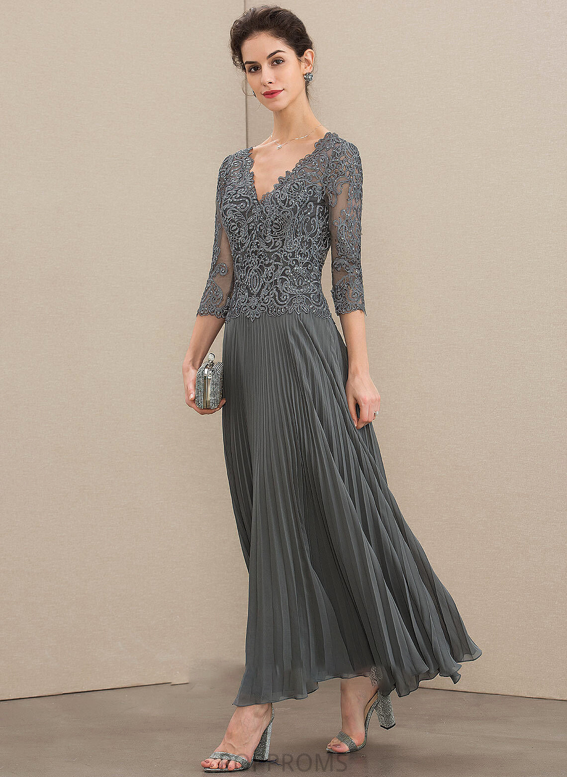 Dress Bride Sequins Mother A-Line Mother of the Bride Dresses Pleated of Chiffon Ankle-Length With Lace V-neck Ashlyn the