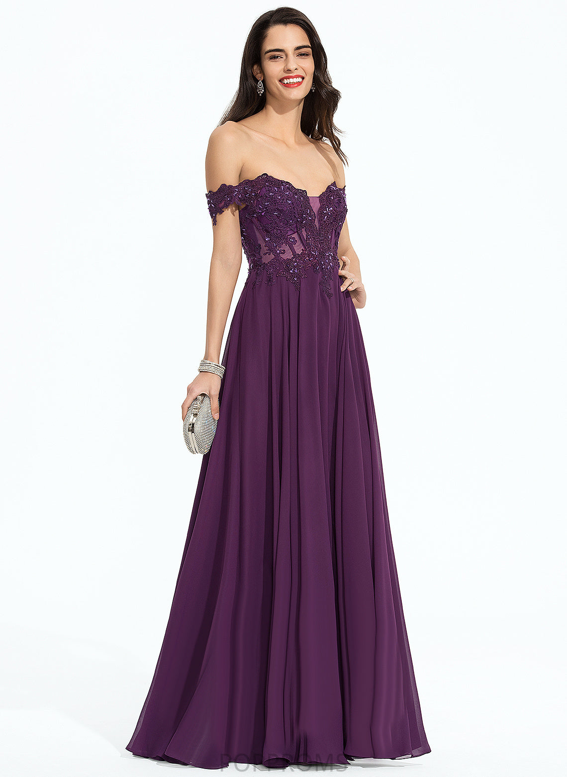 With Sequins Prom Dresses Lace Floor-Length Beading Chiffon Off-the-Shoulder Ball-Gown/Princess Gia