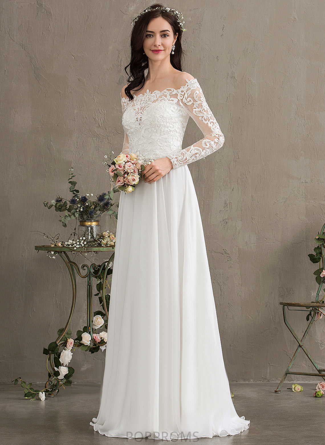 Wedding Lizbeth A-Line Wedding Dresses Off-the-Shoulder Floor-Length Dress Lace Chiffon